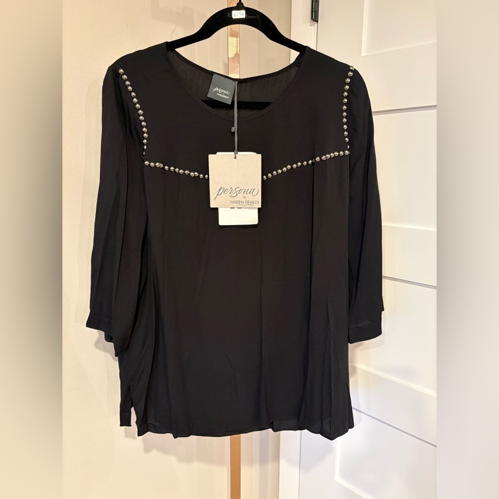 Persona by Marina Rinaldi Black Stud-Trim Blouse. Size 8. Fits like a 10. NWT